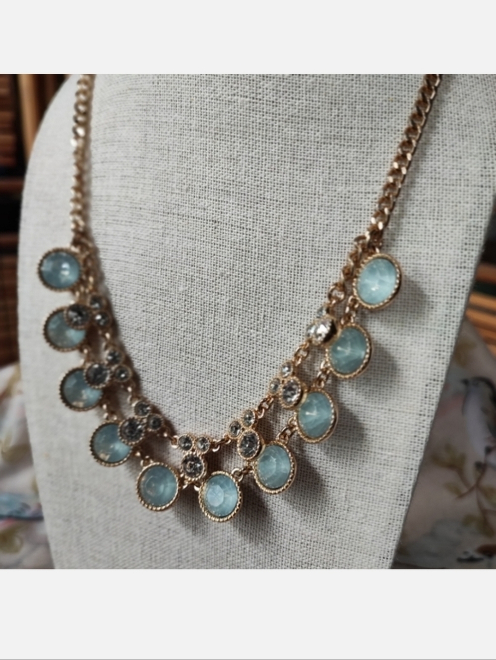 Milky Opaline Seafoam Crystal Glass Gold Tone Statement Necklace Crown Logo NEW